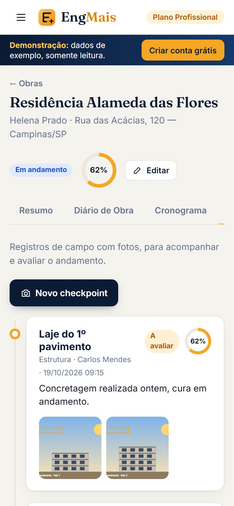 Checkpoint de obra com fotos no celular