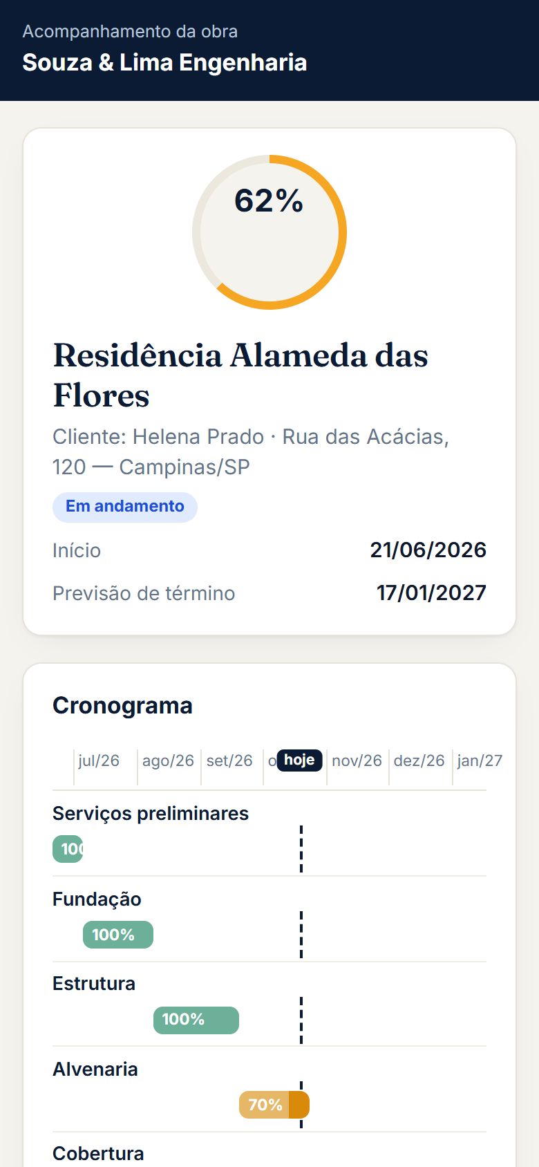 Página de acompanhamento da obra aberta no celular do cliente
