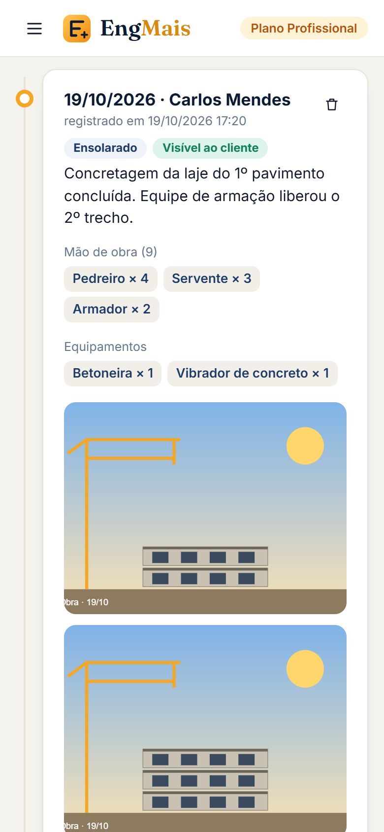 EngMais no celular: diário de obra com fotos e equipe do dia