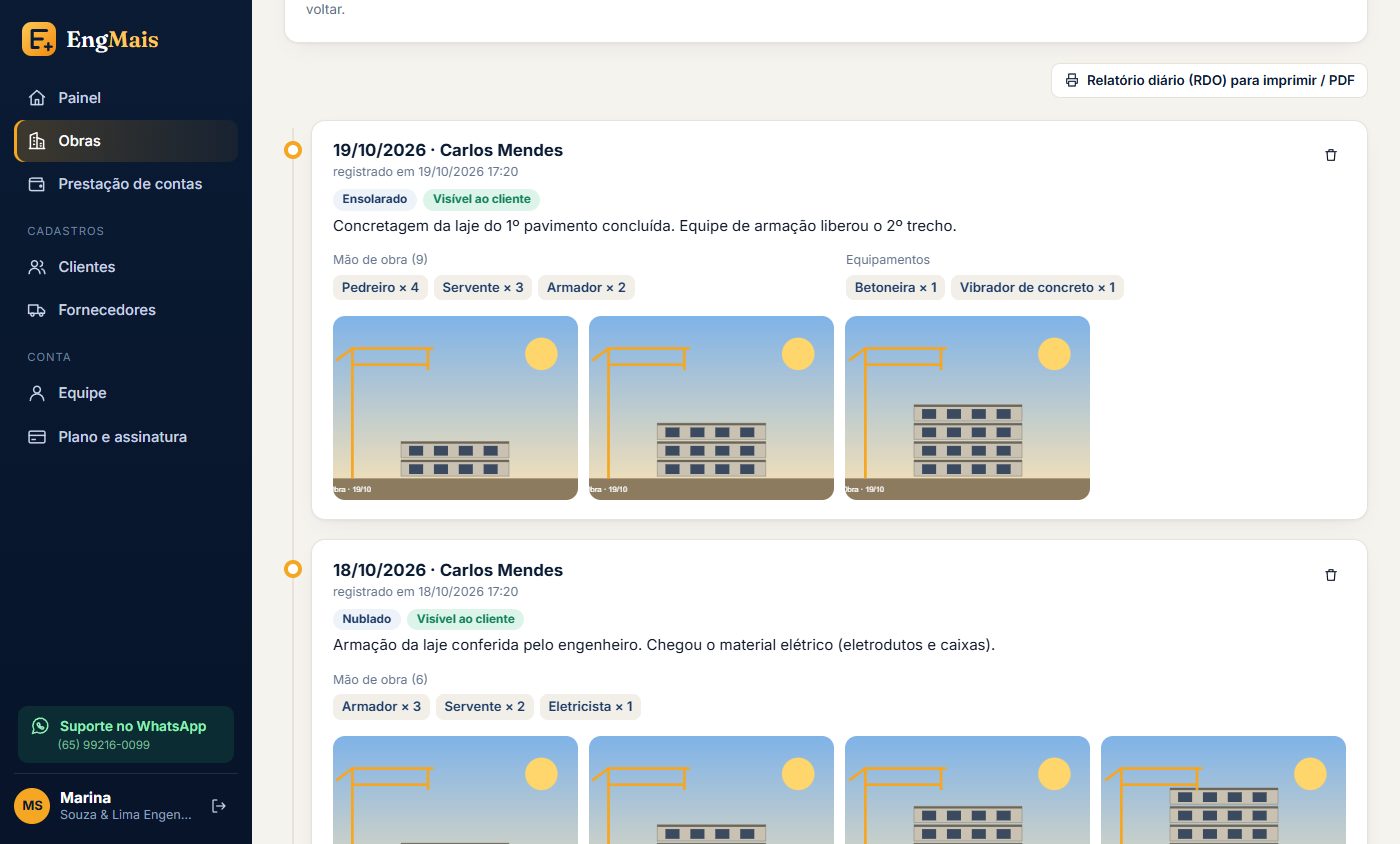 Diário de obra do EngMais com clima, mão de obra, equipamentos e fotos do dia
